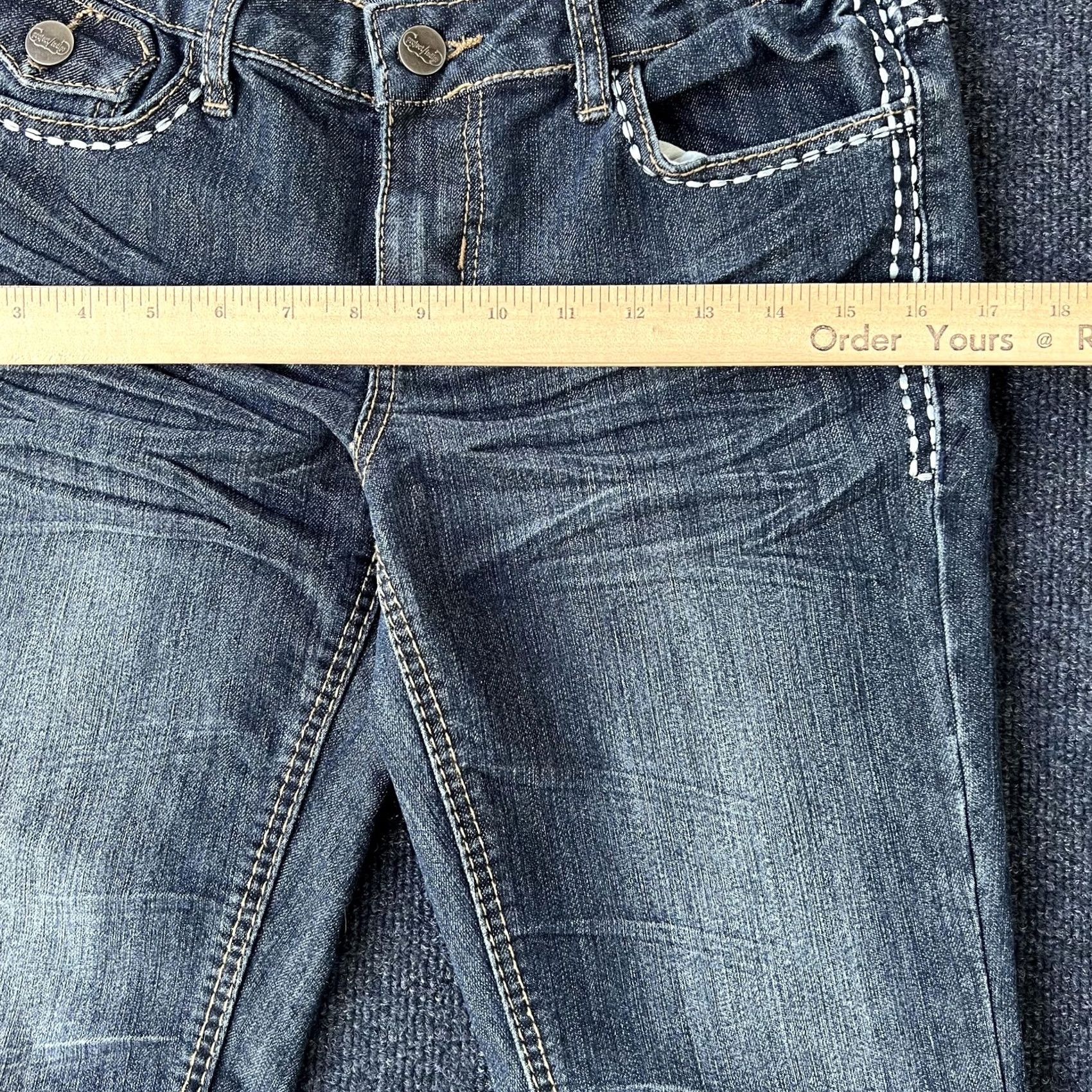 Vintage Y2K Indigo Jeans Womens 9 Blue Skinny Stretch Contrast Stitch Embellished Size 30" / US 8 / IT 44 - 7 Thumbnail