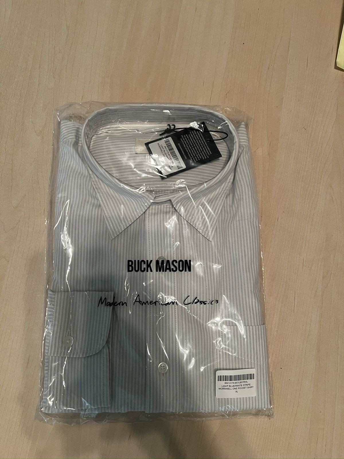 image of Buck Mason Wornwell One Pocket Shirt in Light Blue Stripes, Men's (Size XL)