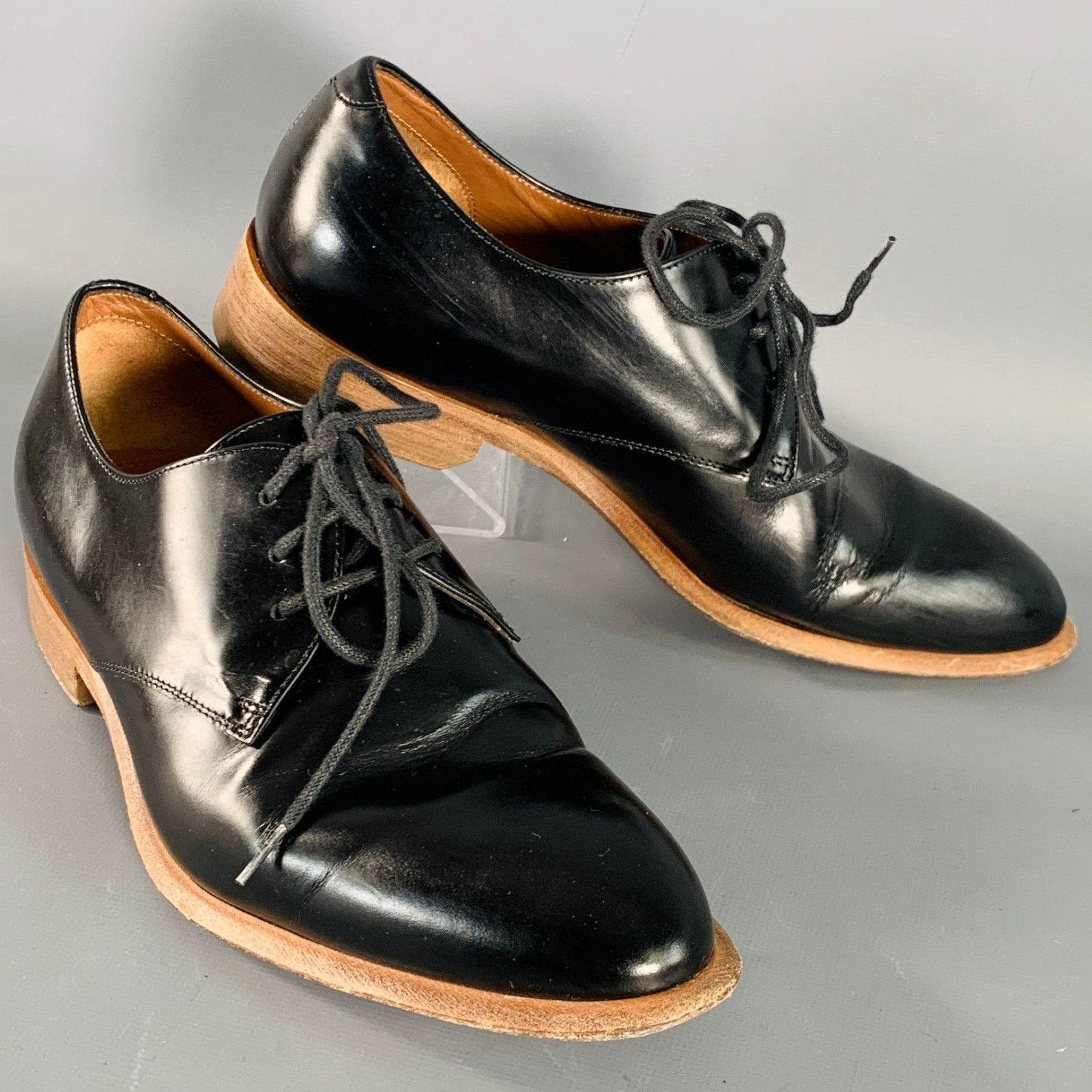 Size 5.5 Black Brown Leather Derby Almond Toe Lace-Up Shoes