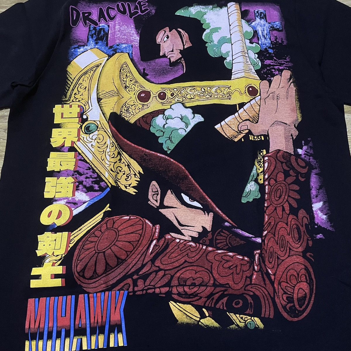 image of Anima x Vintage Dracule Mihawk Vs Roronoa Zoro One Piece Anime Manga T Shirt in Black (Size XL)