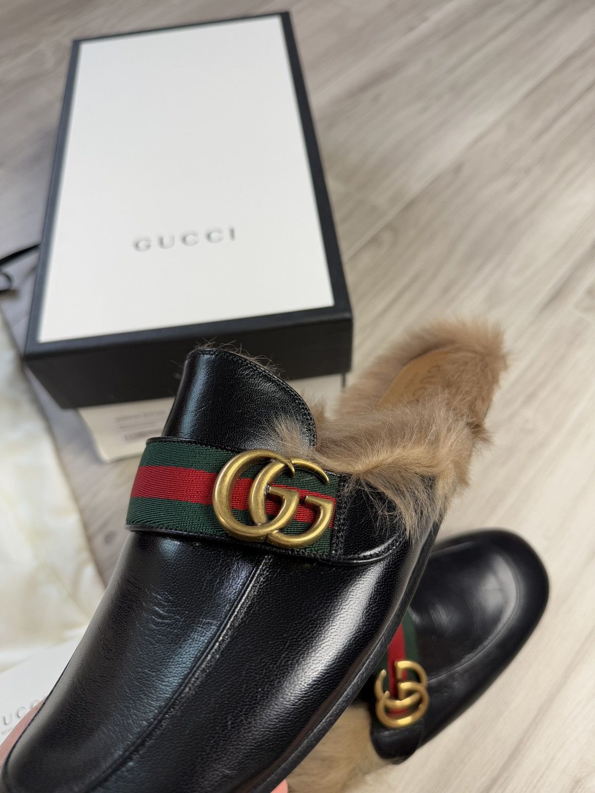 Gucci Black Leather Double G Fur Princetown Mules Size US 8 / EU 41 - 7 Thumbnail