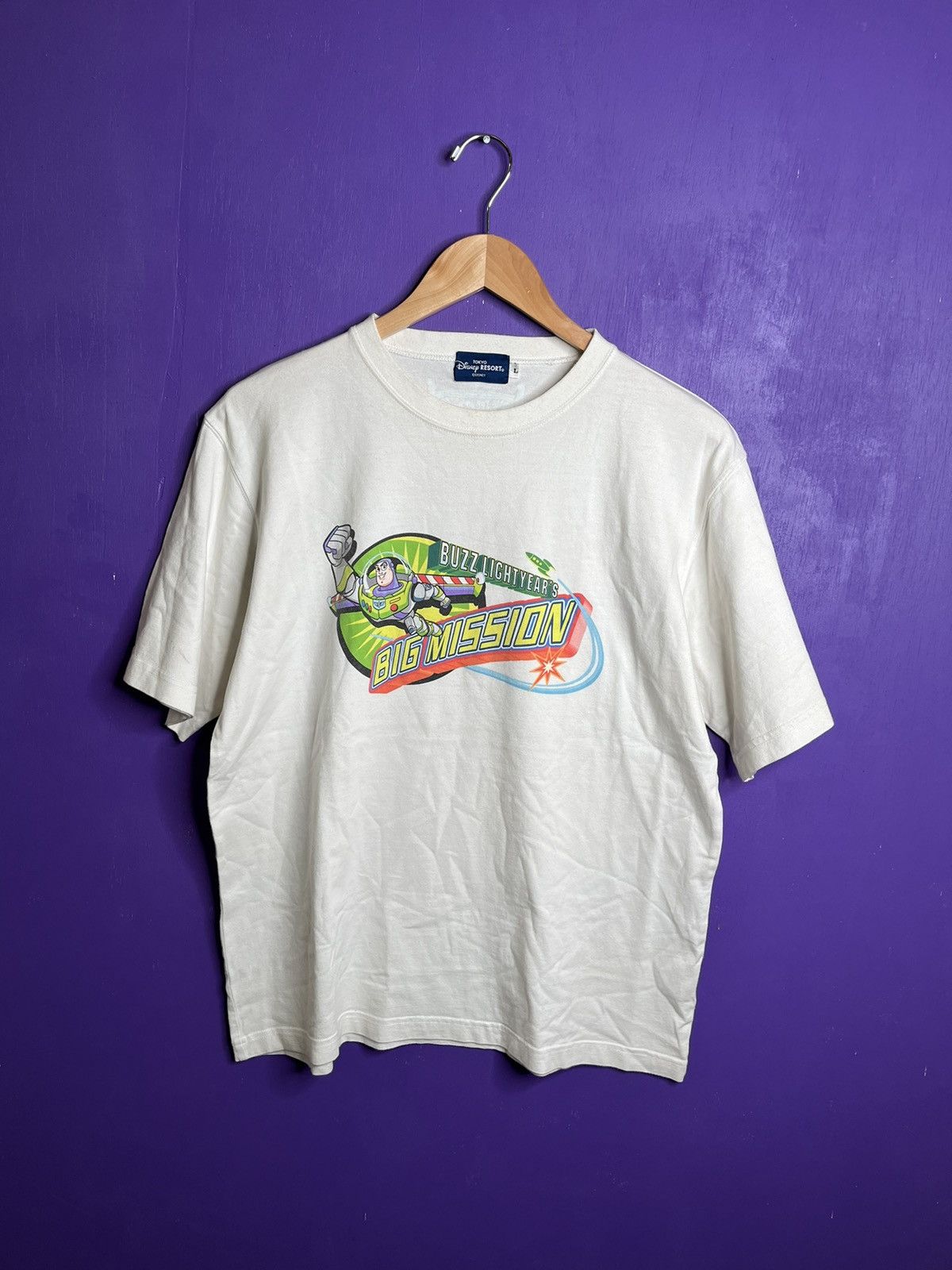 image of 90's Disney Toy Story Buzz Light Year Mission T-Shirt in White, Men's (Size Large)