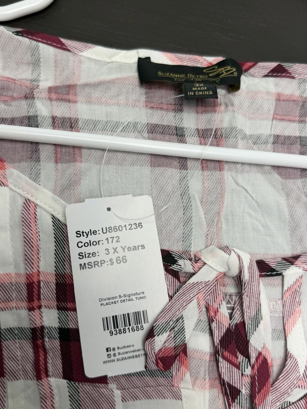 Other Suzanne Betro 3X Pink Plaid Tunic Blouse Tie Neck Size 3XL / US 20-22 - 6 Thumbnail