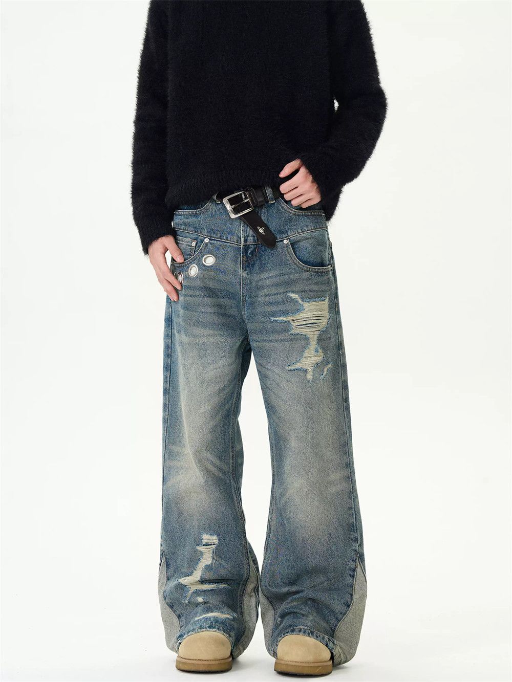 Ripped Spliced Jeans Distressed Retro Loose