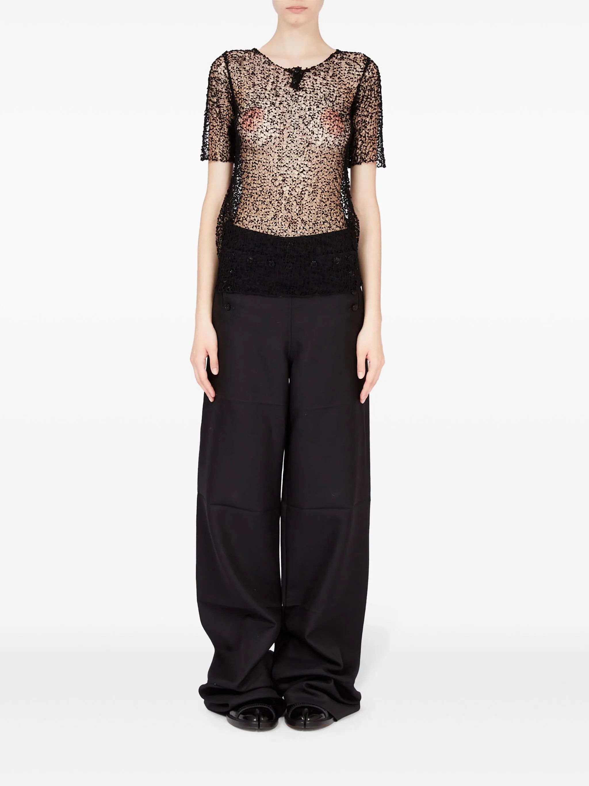 oc11z1025 Dot Embroidered Semi Sheer Top in Black