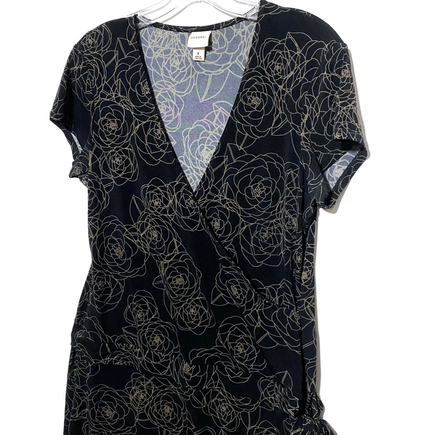 Merona Merona Floral V Neck Midi Dress Black Tie Waist Forest Fairy Career Whimsy Dress Size M / US 6-8 / IT 42-44 - 2 Thumbnail