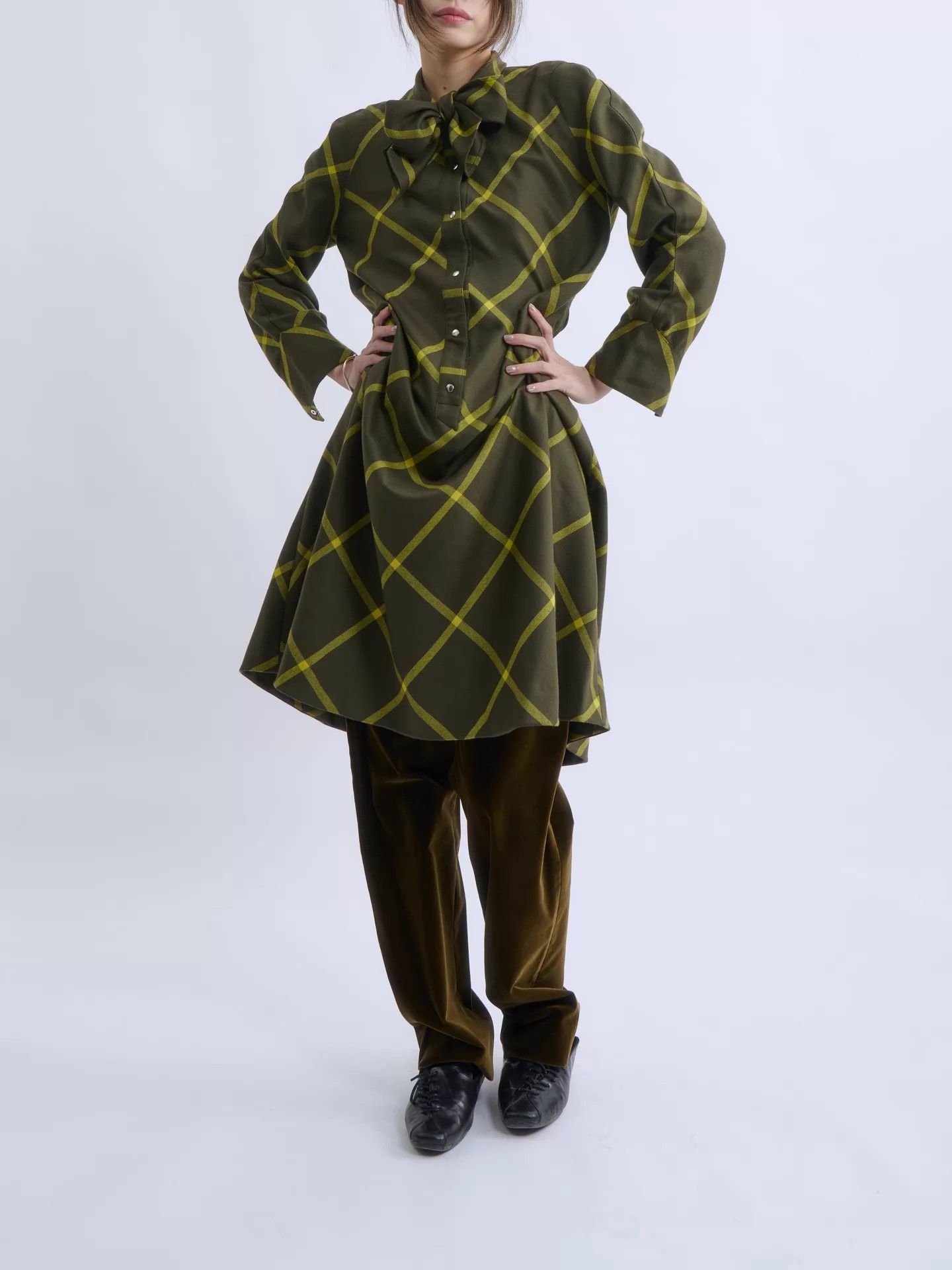 Thierry Mugler Thierry Mugler 80s-90s Yellow-Green Check Bow Dress Size XXL / US 16-18 / IT 52-54 - 1 Thumbnail