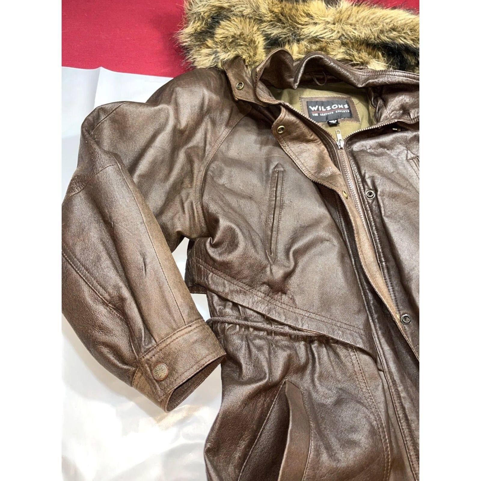 Vintage VINTAGE Wilson’s Leather Brown Leather Jacket Zip Snap Lined Fur Hooded Cinch Ties M Size M / US 6-8 / IT 42-44 - 3 Thumbnail