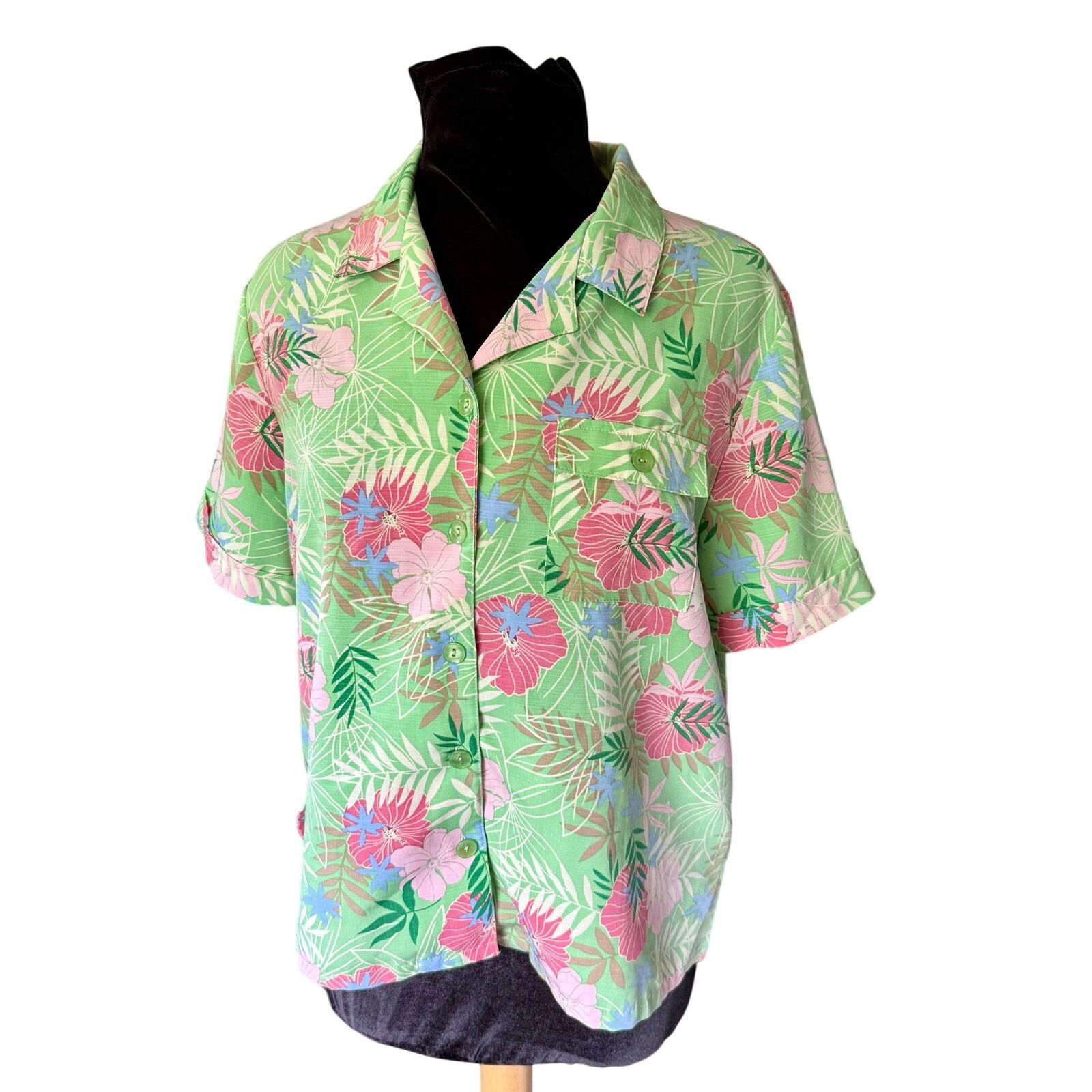 Vintage Vintage 90’s Sag Harbor Green Pink Hawaiian Blouse Medium Size M / US 6-8 / IT 42-44 - 1 Thumbnail