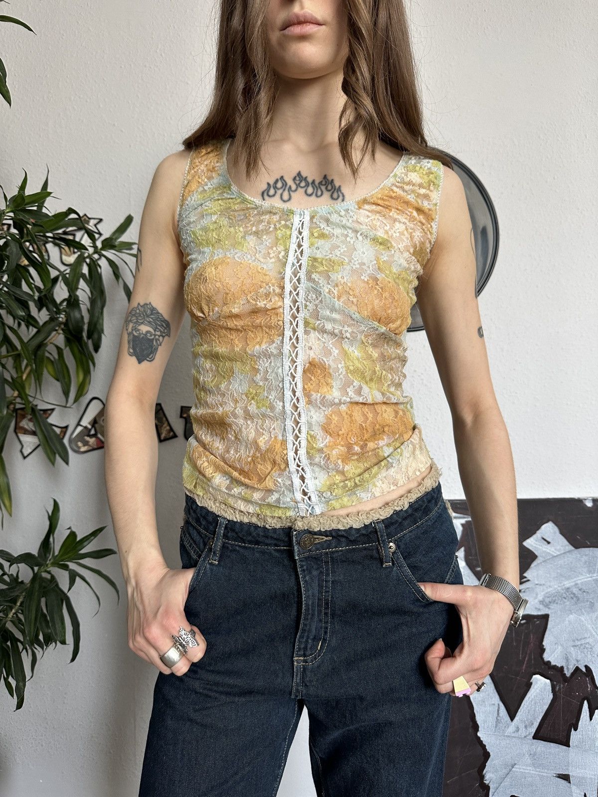 Vintage Vintage Fairy Core Mesh Lace Up Floral Pattern Blouse Size M / US 6-8 / IT 42-44 - 7 Thumbnail
