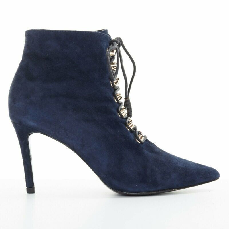 BALENCIAGA navy blue suede gold-tone stud lace up point toe bootie