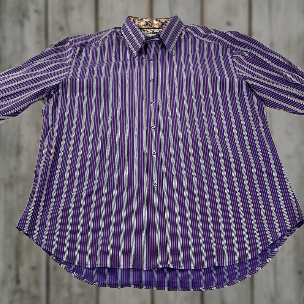 Robert Graham Robert Graham Men's 2XL Button Dress Shirt Striped Purple Long Sleeve Adult 2XL Button-Up Shirt Mens Size 48R - 1 Thumbnail