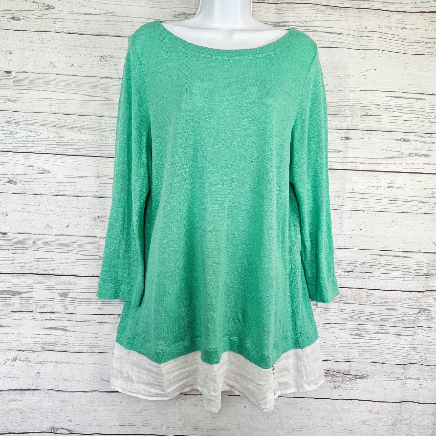 J. Jill VINTAGE J Jill Love Linen Blouse Tall L Green White Long Sleeve Womens Size L / US 10 / IT 46 - 2 Thumbnail