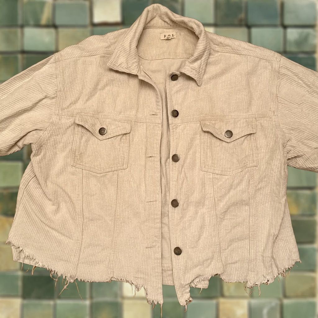Vintage POL Corduroy Jacket Cropped Button Up Striped Beige Women's Medium Boho Pockets Raw Hem Fall Spring Vintage No Size M / US 6-8 / IT 42-44 - 1 Thumbnail
