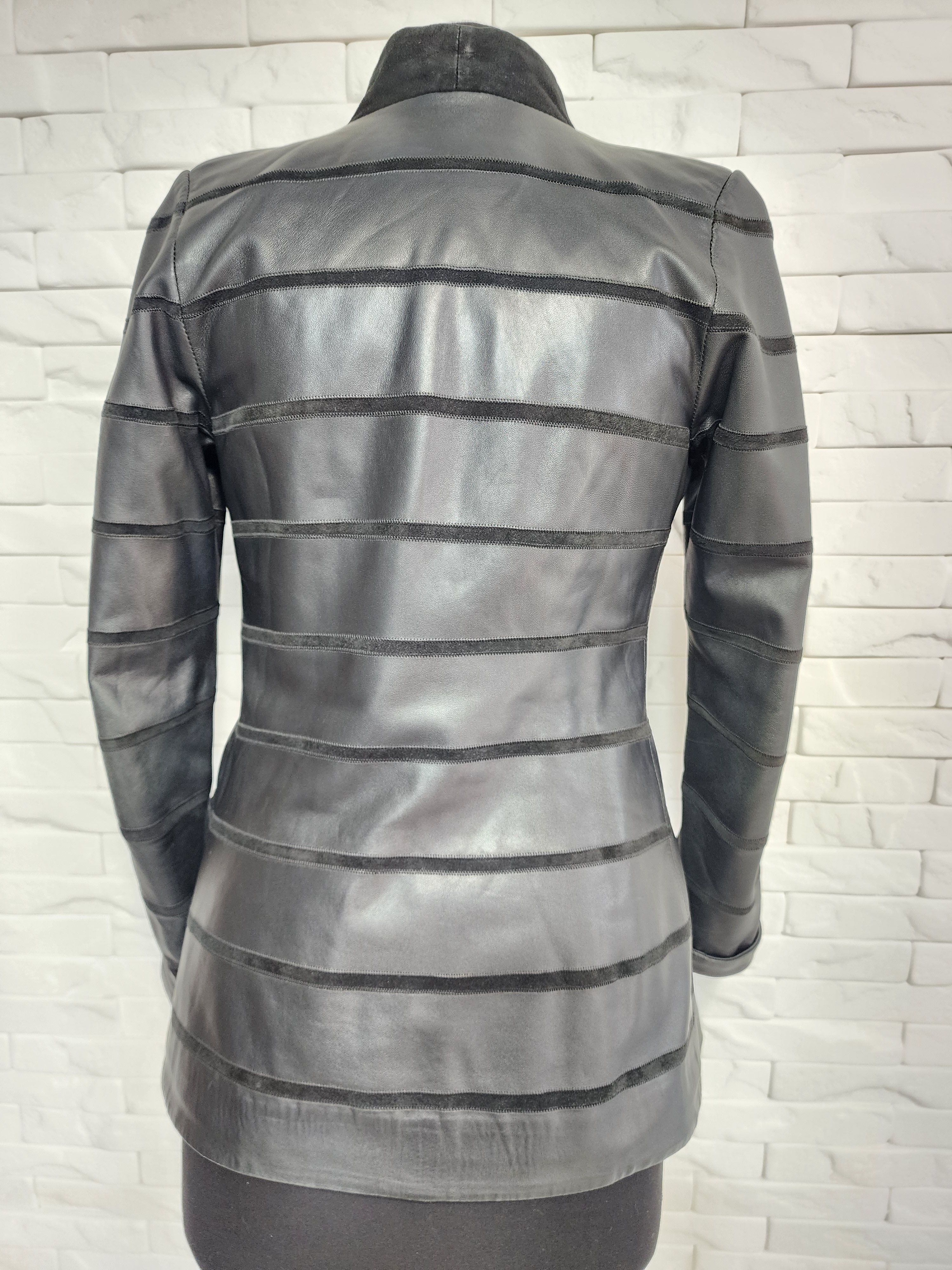 Designer Black Women's Leather Jacket: Striped Top, Zippered Size S / US 4 / IT 40 - 4 Thumbnail
