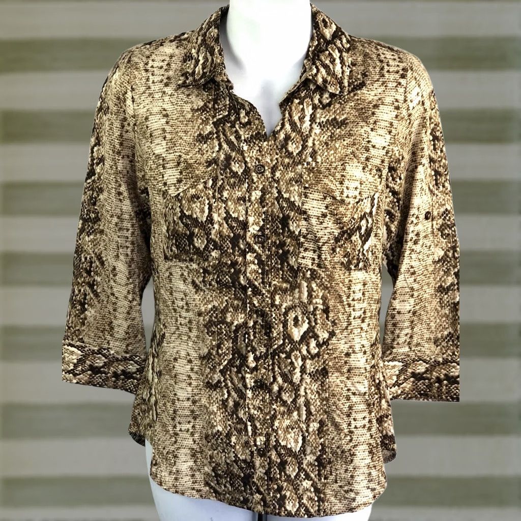 Vintage Zac & Rachel Top PS Brown Snake Button Up 3/4 Sleeve Pocket Boho Career Abstract Size S / US 4 / IT 40 - 1 Thumbnail