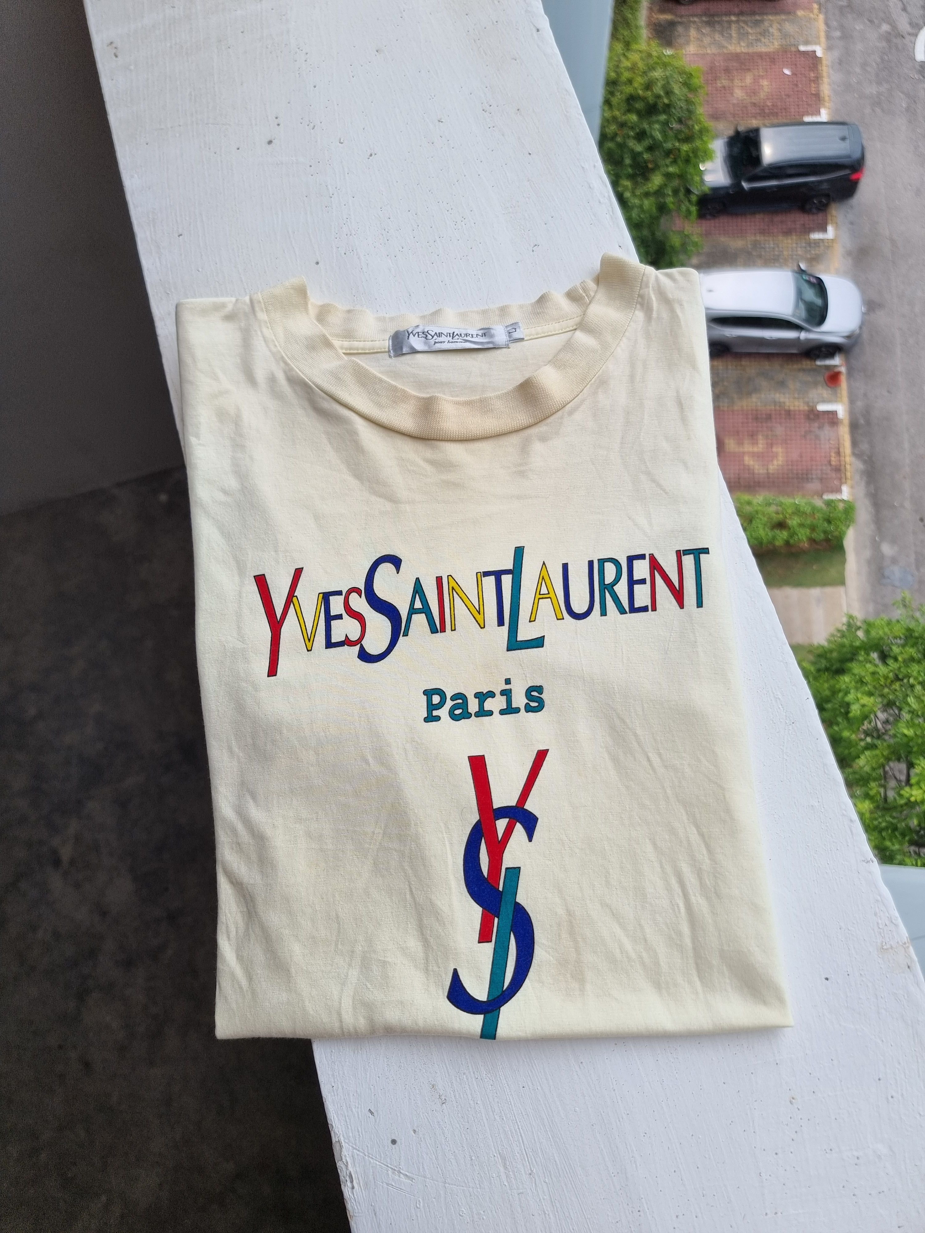 image of Vintage YVES Saint Laurent Multicolor Spellout Logo Shirt in Light Yellow, Men's (Size Large)