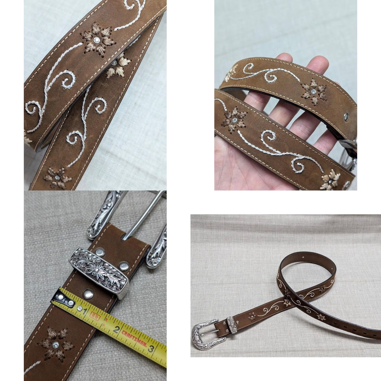 Vintage VINTAGE Nocona belt western buckle belt 38 brown leather embroidered rhinestone crocodile pattern Unisex Adults Belt Men Women Size 38 - 9 Thumbnail
