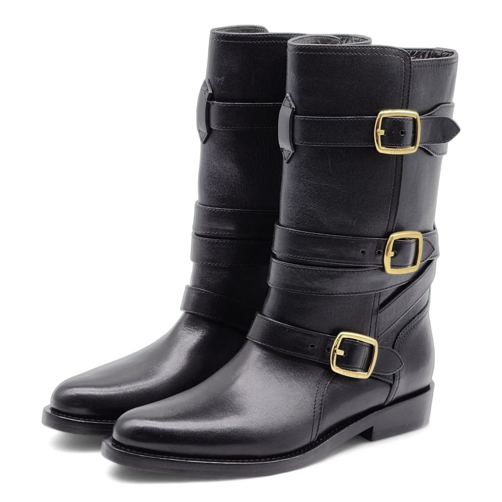 image of Celine Lycra Triple Buckle Leather Triomphe Boots In Black 37 7Us, Women's