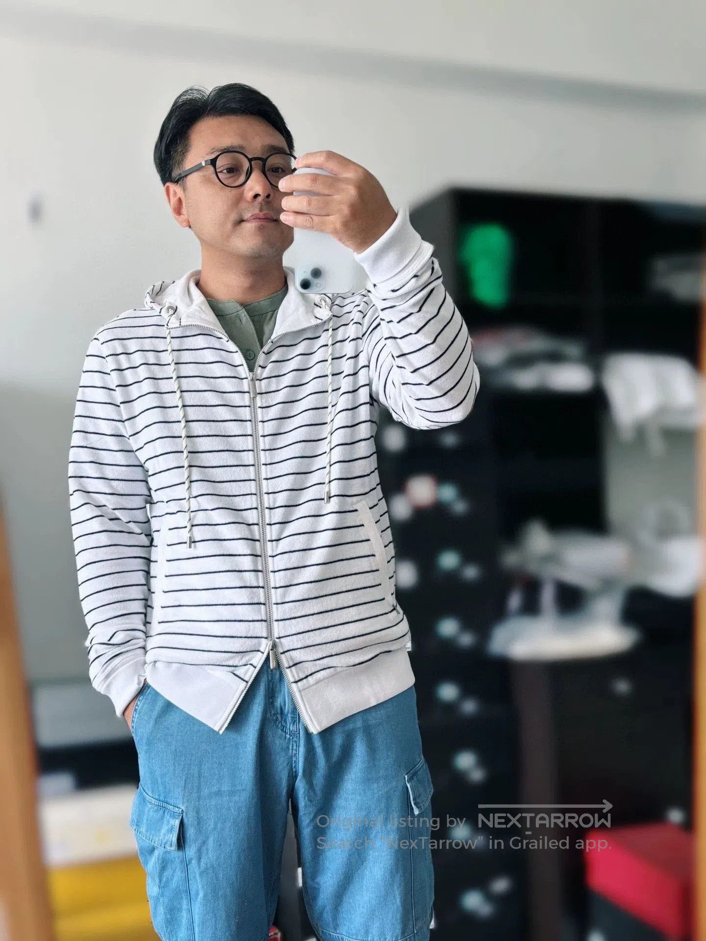 H&M white striped hooded zip sweatshirt. Size US L / EU 52-54 / 3 - 8 Thumbnail