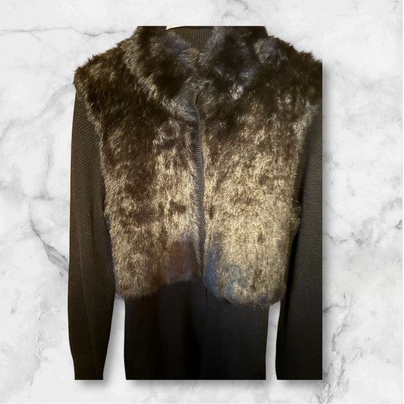 Elie Tahari T Tahari faux fur belted cardigan black wool blend large Size L / US 10 / IT 46 - 2 Thumbnail