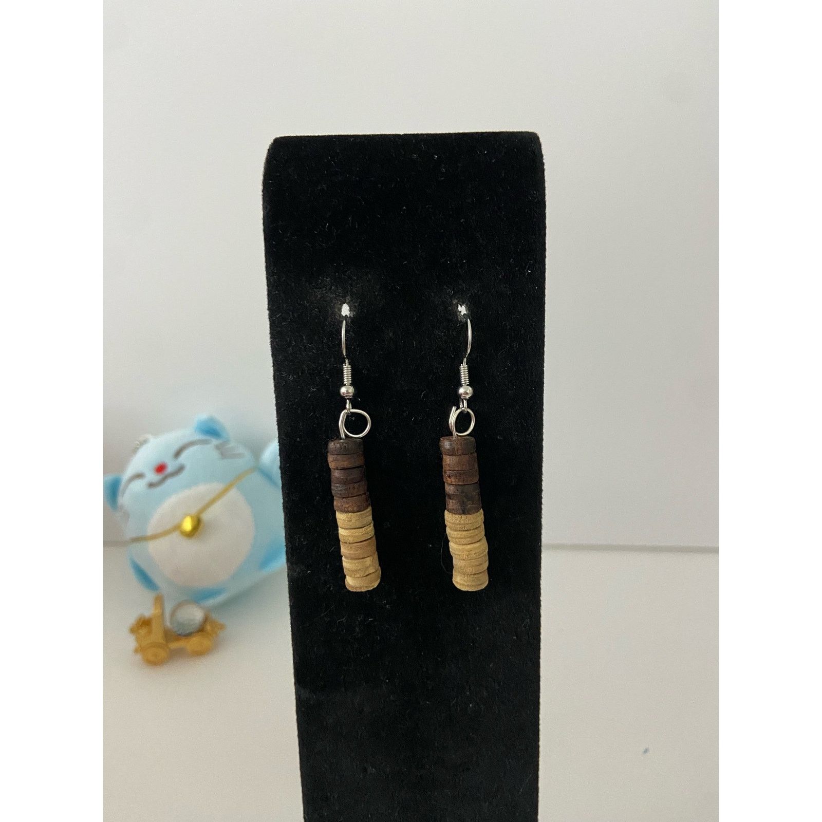 Handmade Upcycled brown and tan wood bead earrings Size ONE SIZE - 1 Thumbnail