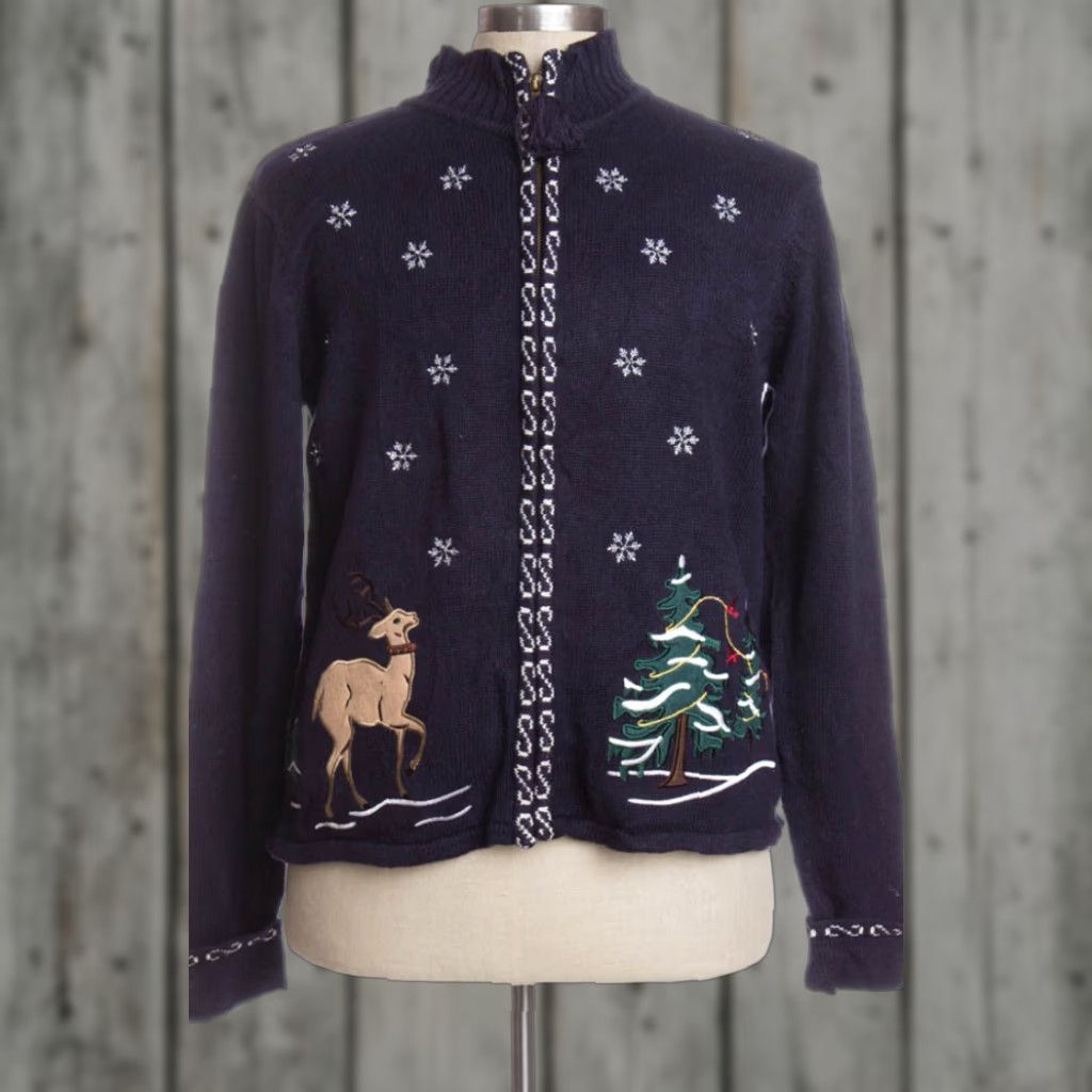 Vintage VINTAGE Blue Christmas Cardigan 35663 Crystal Kobe Cardigan L Womens Mens 42" Bust 23" Length Reindeer Ragstock Holiday Blue Ramie Cotton Cookie Size L / US 10 / IT 46 - 1 Preview