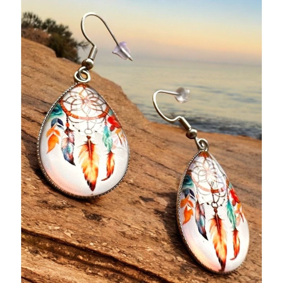 Handmade Native American Dreamcatcher Earrings New Teardrop Feathers Size ONE SIZE - 2 Thumbnail
