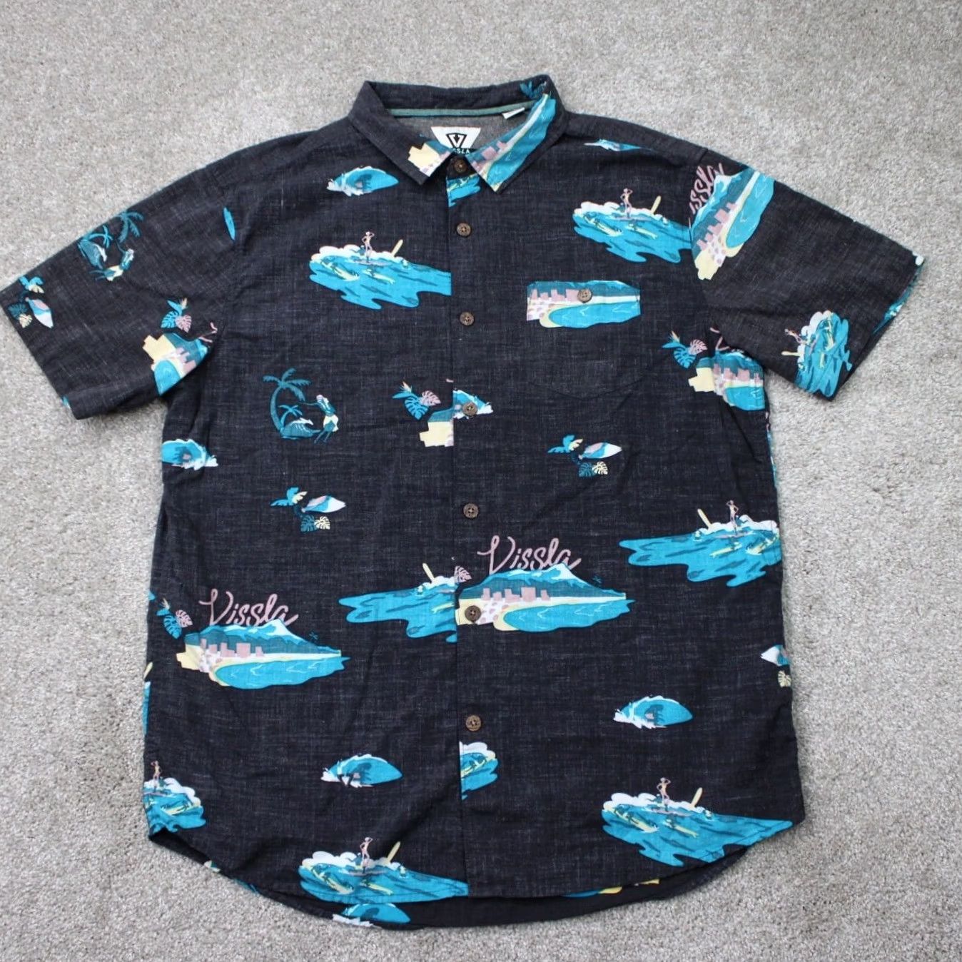 Vissla Vissla Shirt Mens XL Black/Blue Beach Print Cotton/Viscose S/S Button Shirt Size US XL / EU 56 / 4 - 2 Thumbnail