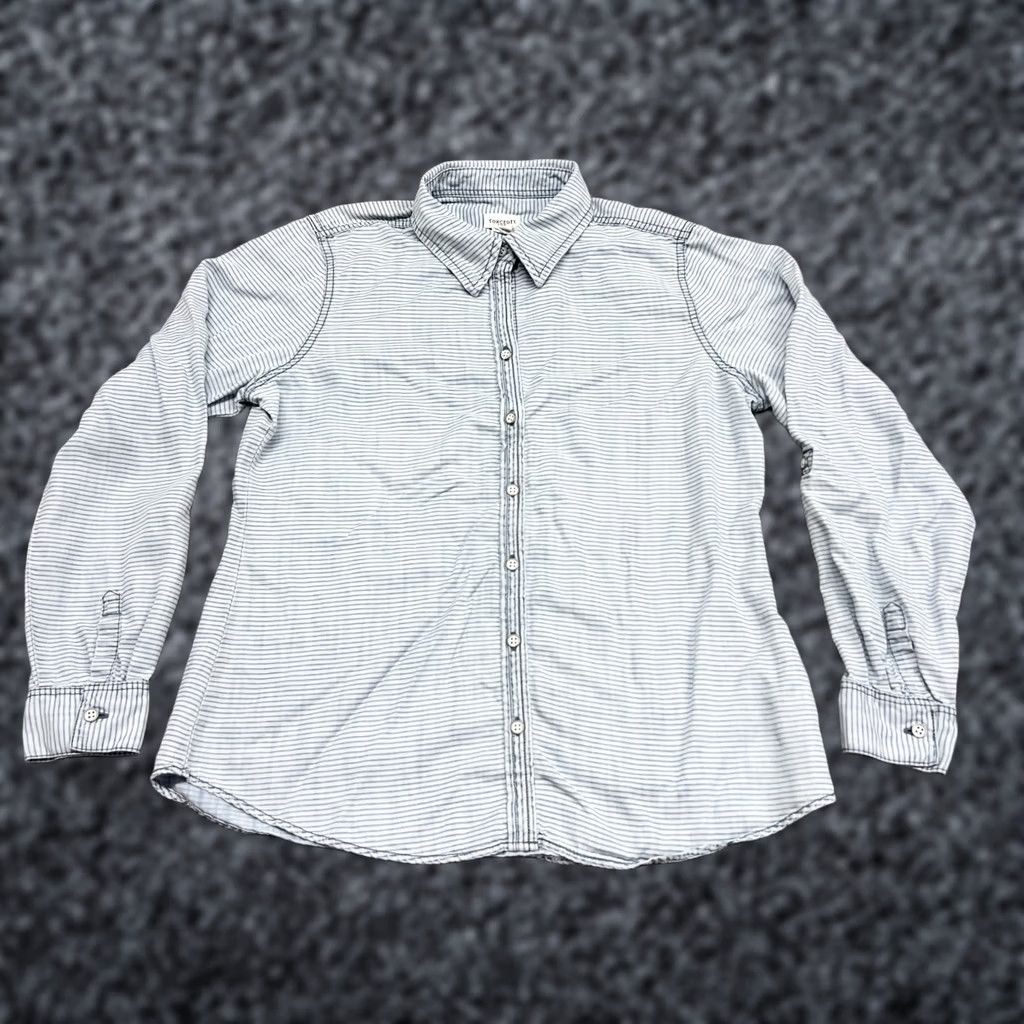 Vintage Foxcroft Shirt Womens 10P Blue Stripe Tencel Lyocell Button Front Top Roll Tab Size L / US 10 / IT 46 - 1 Thumbnail