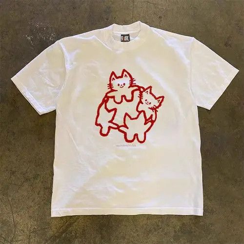VIBE White Loose Around Kitten Print Short Sleeve T Shirt Size US L / EU 52-54 / 3 - 4 Thumbnail