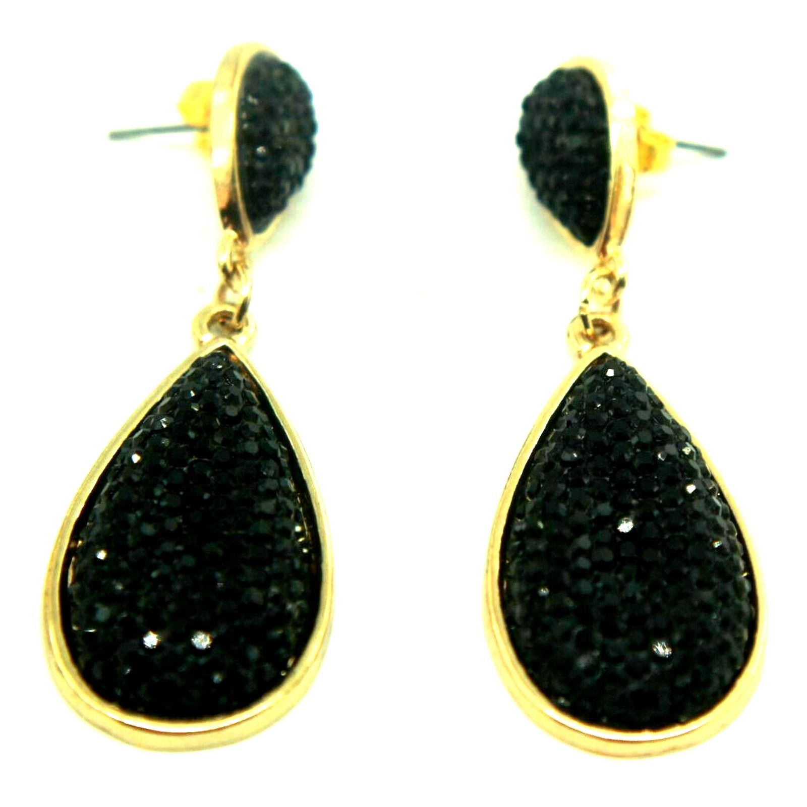 Other Black Rhinestone Studded Pierced Earrings • 2-1/4" Long Drop Size ONE SIZE - 3 Thumbnail