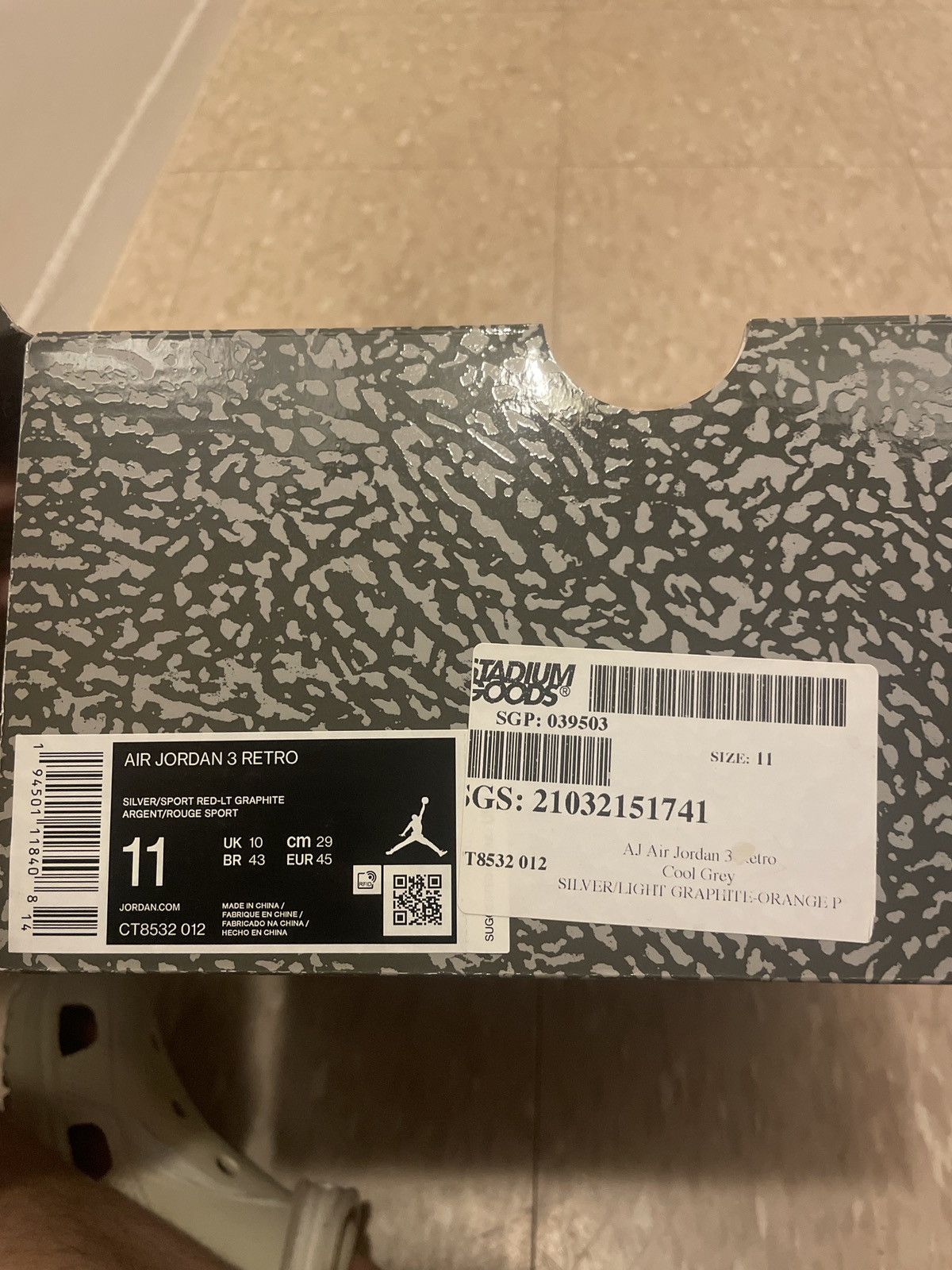 Jordan 3 cool grey size 11 brand new