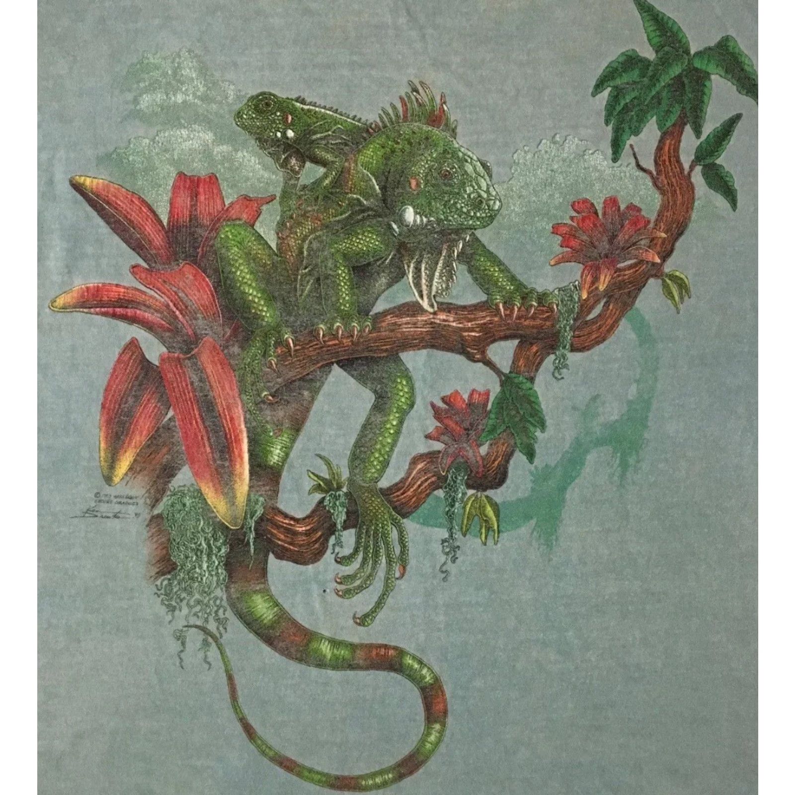 Vintage VINTAGE Iguana T-Shirt XL Green Boxy Men Regular Single Stitch 90s Distressed All Over Print Beach Grunge Animals Art Nature USA Animated Lizard Size US XL / EU 56 / 4 - 3 Thumbnail