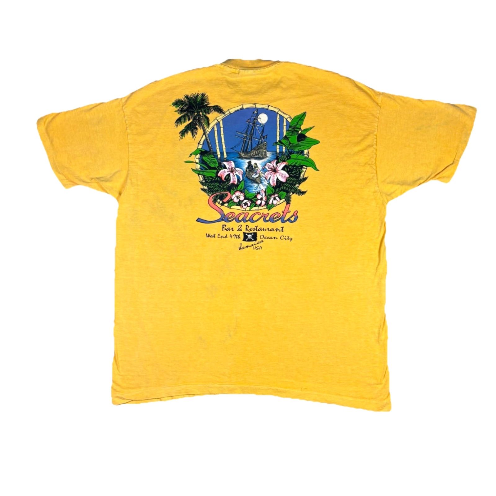 Anvil VINTAGE Seacrets Bar Promo T Shirt Yellow Dyed Single Stitch Adult XL 1990s Art Crew Neck Short Sleeve Cotton Anvil Men Size US XL / EU 56 / 4 - 2 Thumbnail