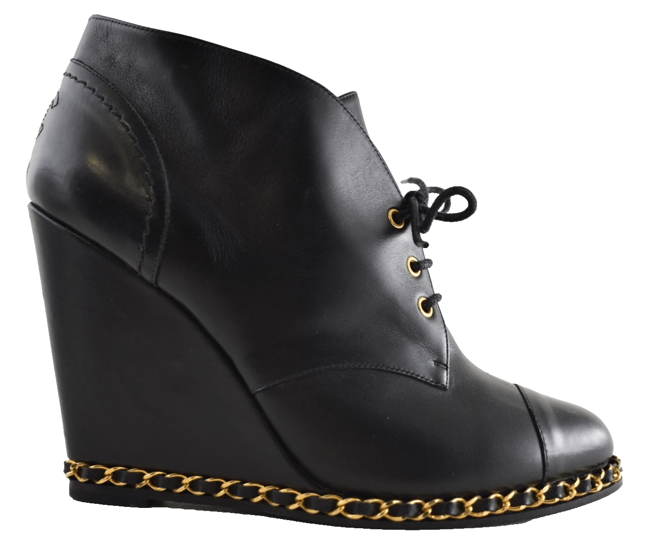 Chanel Leather Gold Chain Around CC Logo Ankle Wedge Boot 38.5 Size US 8.5 / IT 38.5 - 1 Thumbnail