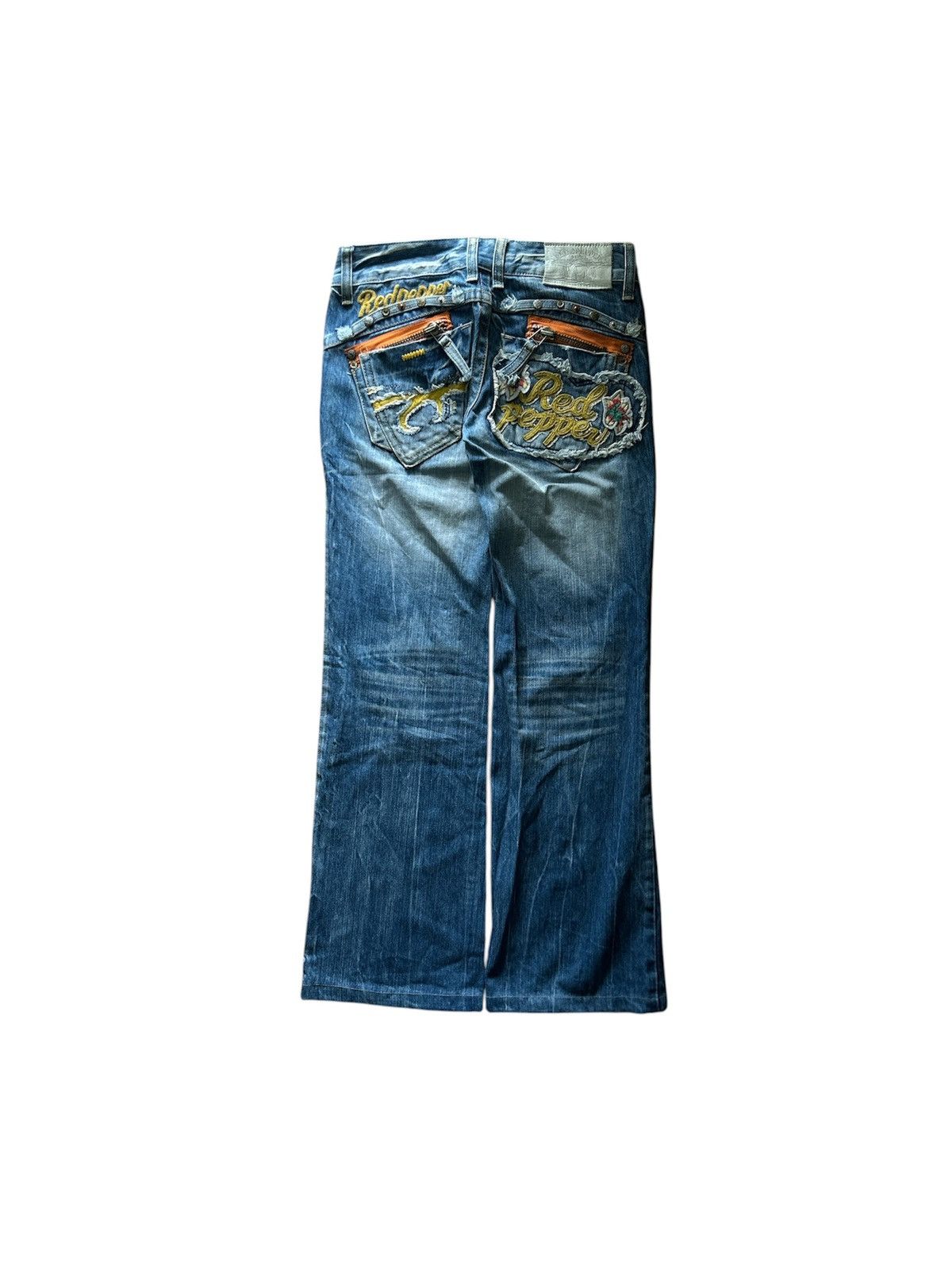 Japanese Brand Red Pepper Jeans Embroidered Skull Patch Distres Denim Flare Size US 29 - 5 Thumbnail