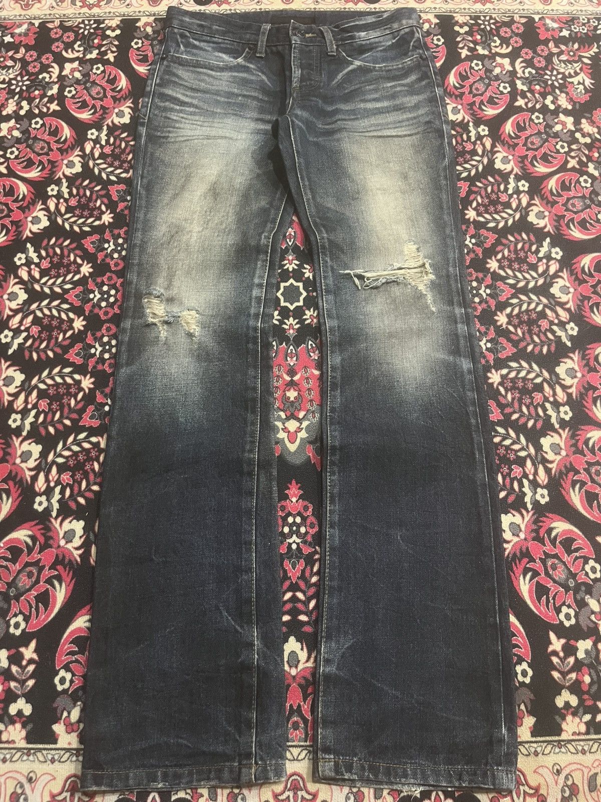 Japanese Brand Fuga Dark Washed Heavy Whisker Distress Jeans