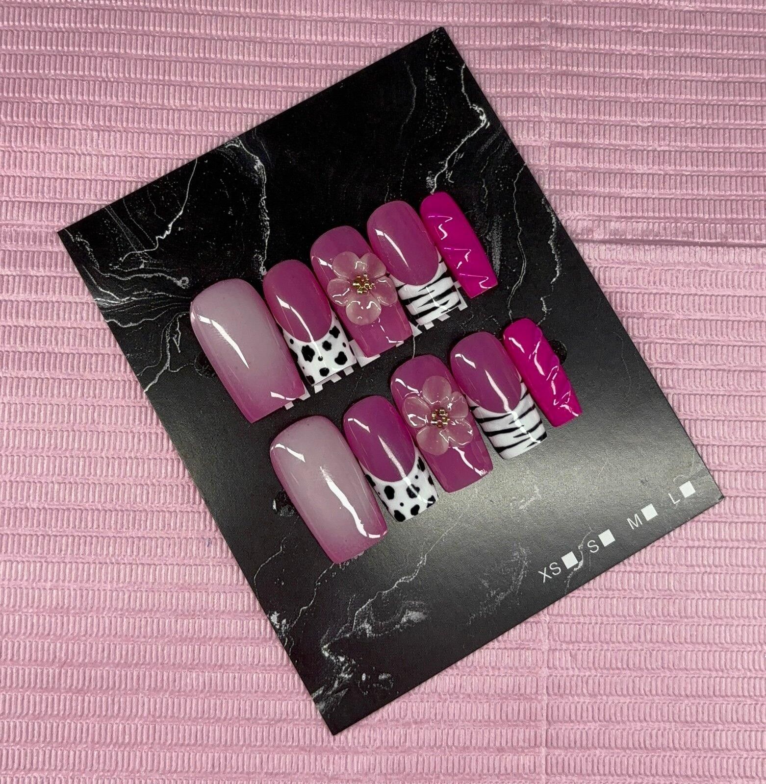 Handmade Medium square press on nails animal print 3d gel flower aura Size ONE SIZE - 6 Thumbnail
