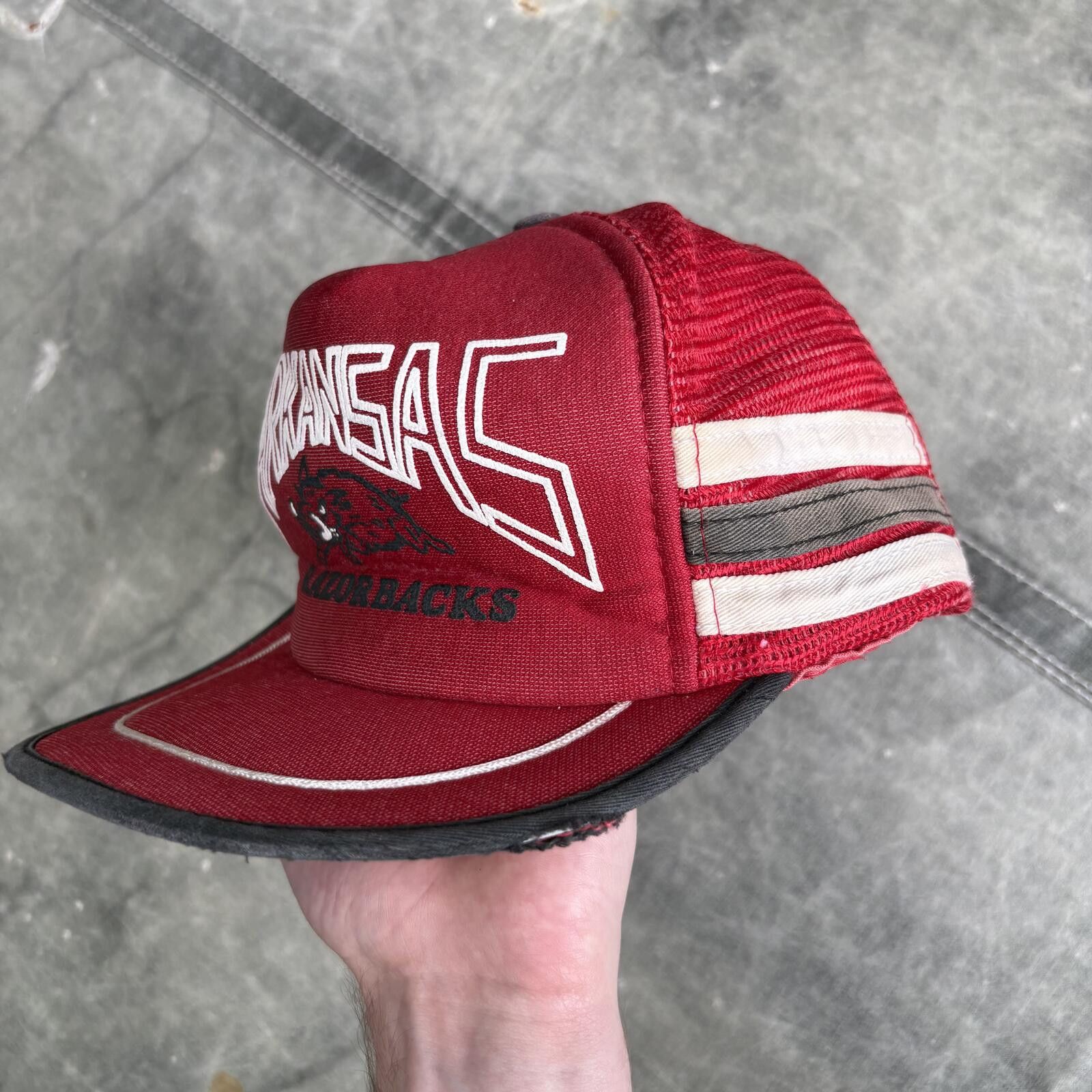 Vintage Vintage 80s Arkansas Razorbacks 3 Stripe Sports Trucker Hat Size ONE SIZE - 2 Thumbnail