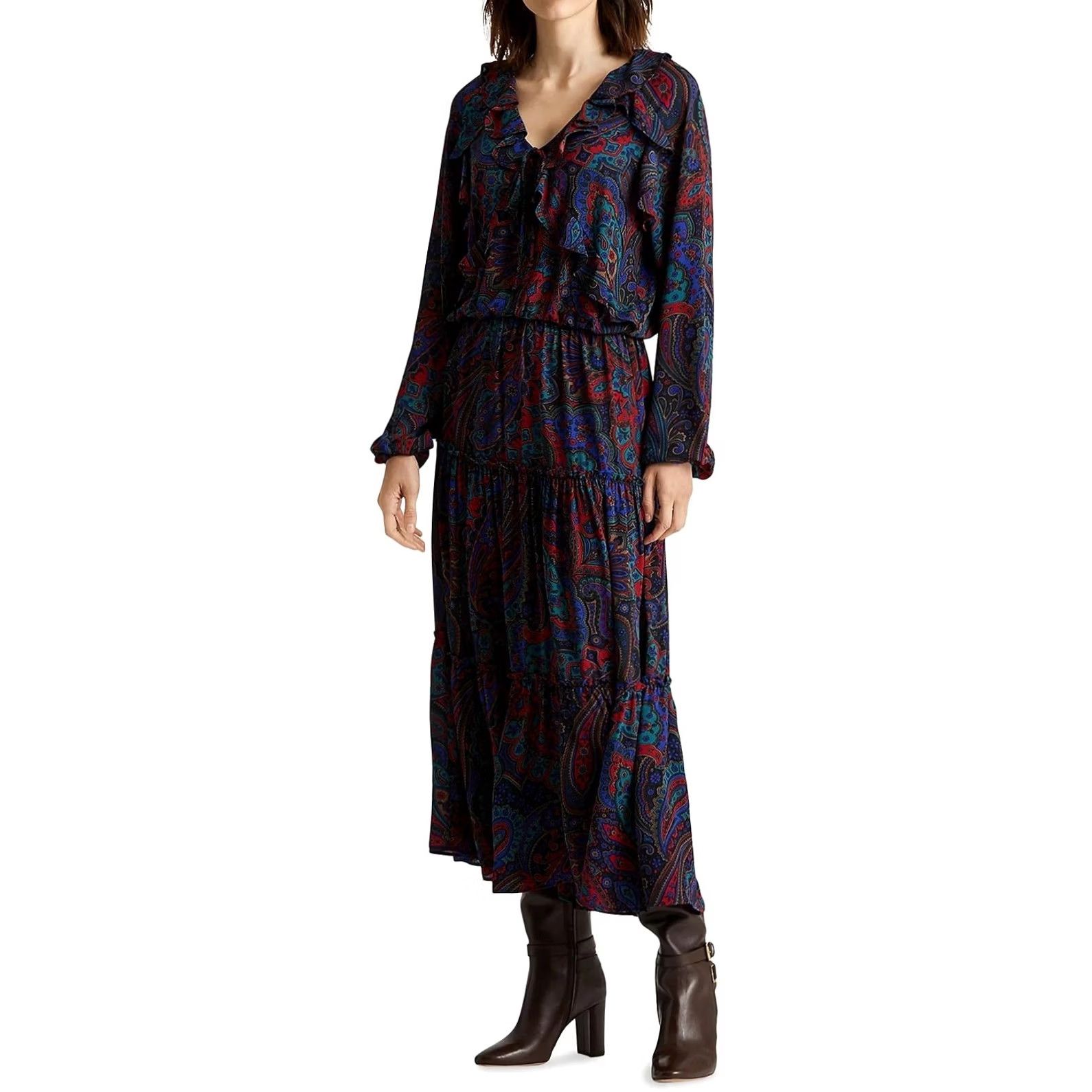 Ralph Lauren VINTAGE Ralph Lauren Maxi Dress 6 Blue Red Print Paisley Georgette Long-Sleeve Womens Girls Size M / US 6-8 / IT 42-44 - 4 Thumbnail