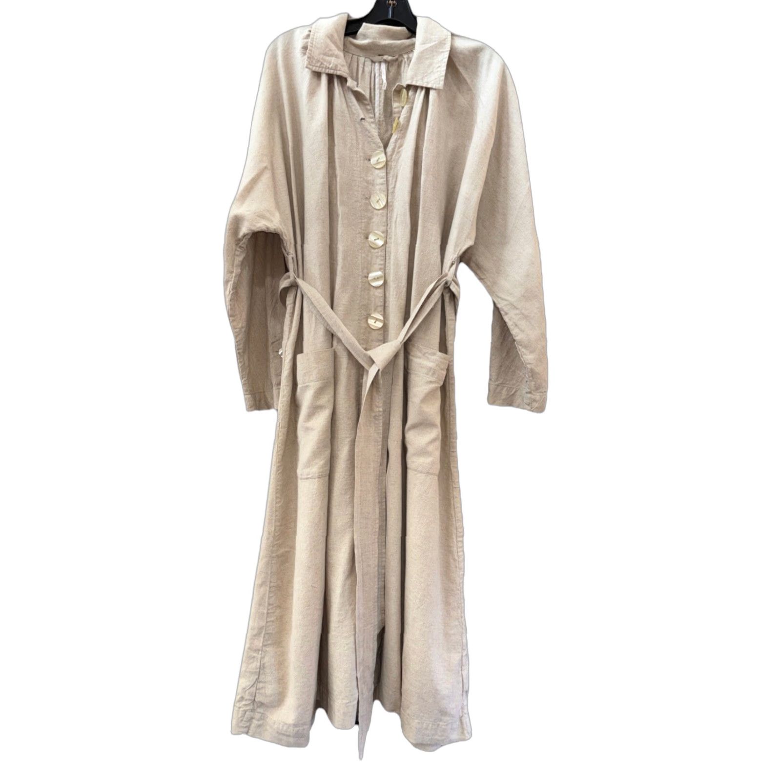 Free People VINTAGE Free People Meet Me In Montauk Linen Duster Sand S Button Up Belt Pockets Tan Size ONE SIZE - 1 Thumbnail