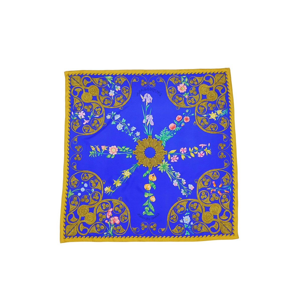 image of Hermes Carre 90 "arabesques" Silk Scarf Shawl in Blue Orche, Women's