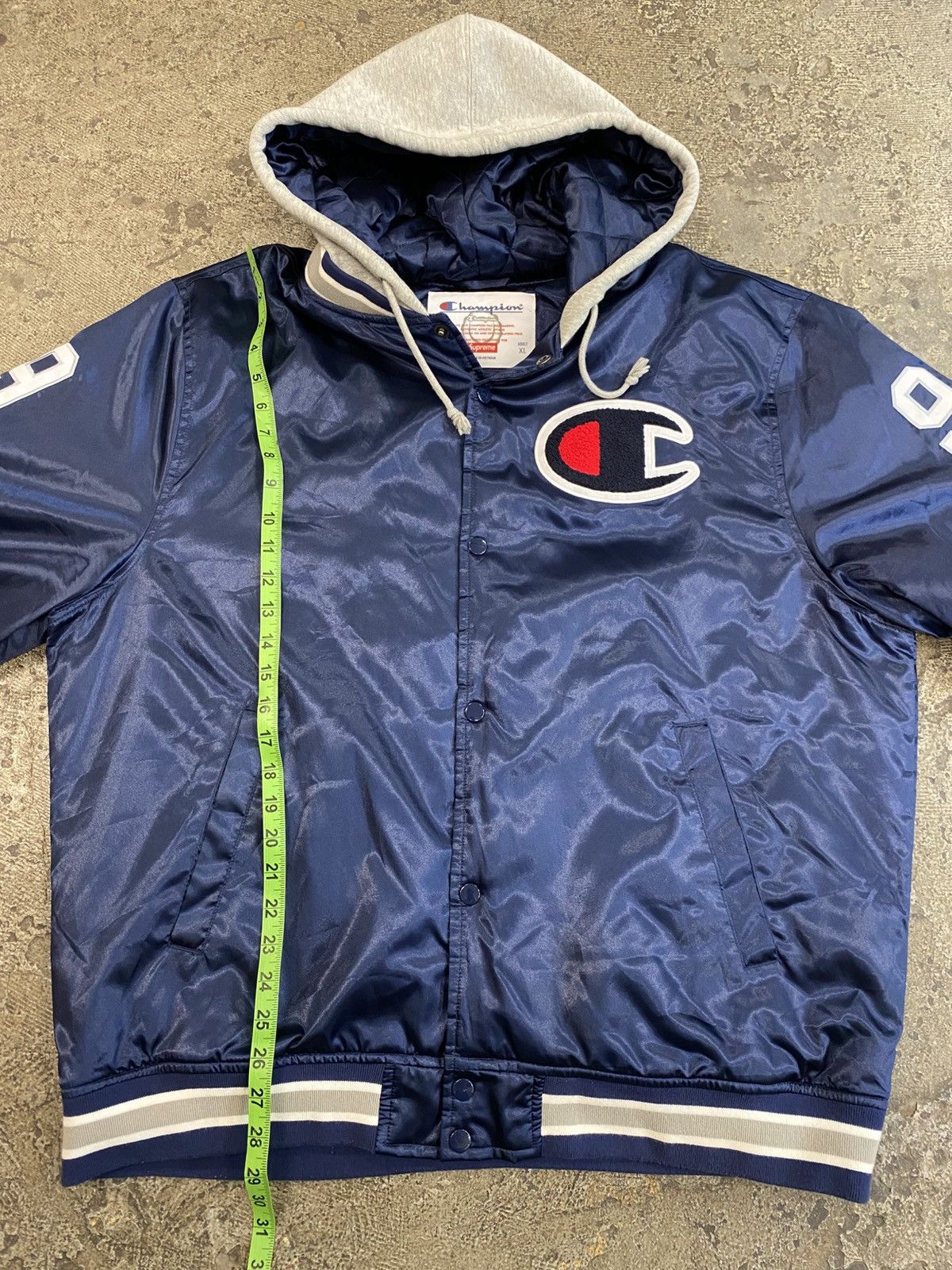 Champion × Supreme Supreme Champion Navy Blue Satin Varsity Jacket Size US XL / EU 56 / 4 - 5 Thumbnail