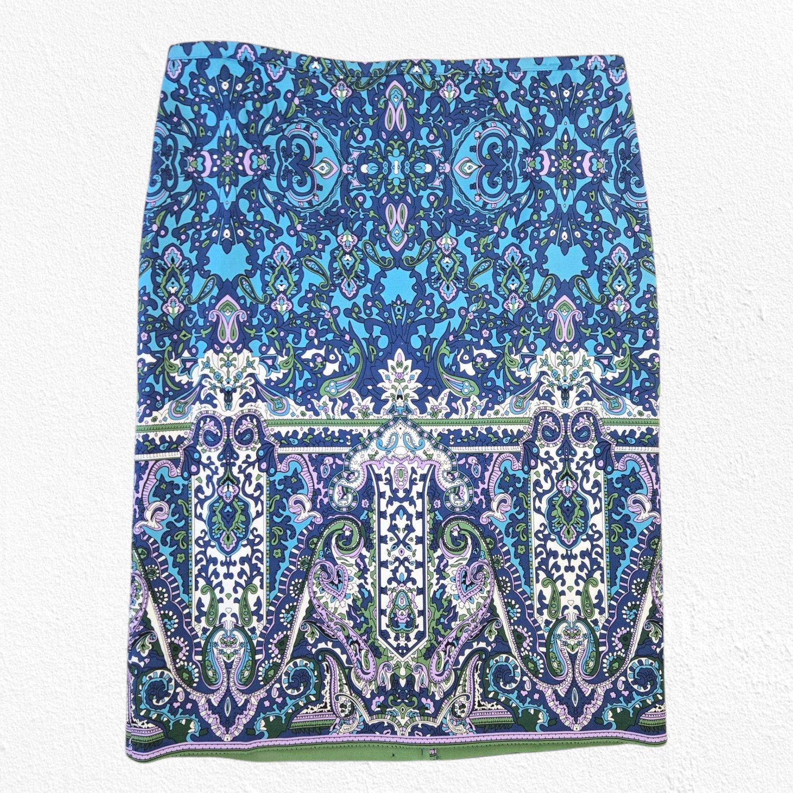 Other Baroque Paisley Blue Purple Cotton Blend Pencil Skirt Size 8 Size 30" / US 8 / IT 44 - 2 Thumbnail