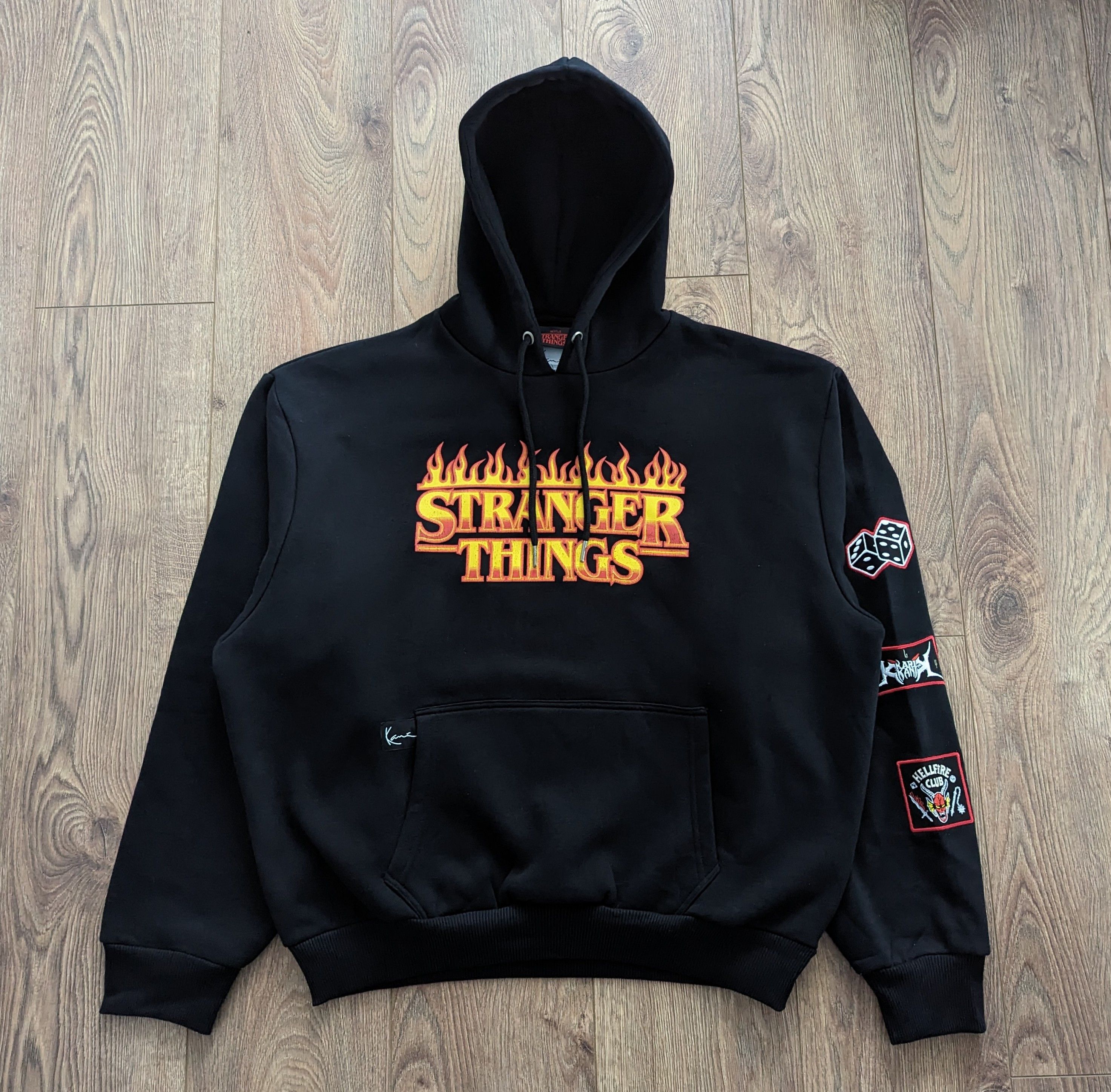 image of Karl Kani X Stranger Things Woven Signature Os Patch Hoodie in Black, Men's (Size Medium)