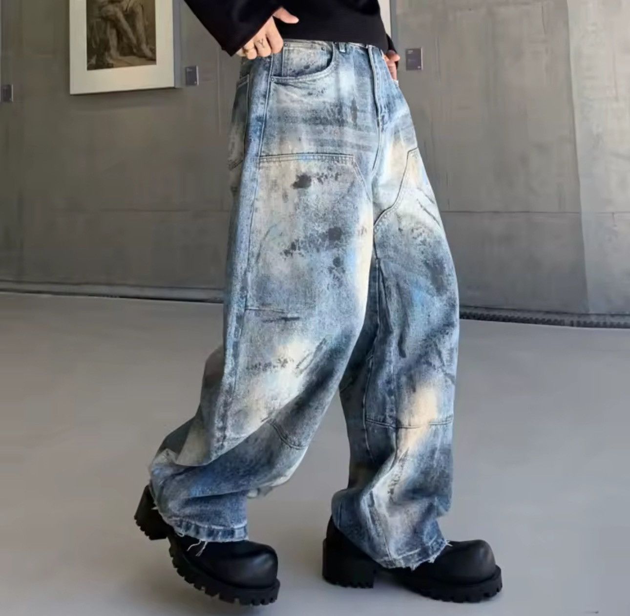 Jean Trendy Baggy Printed Streetwear Straight Washed Jeans Size US 32 / EU 48 - 2 Thumbnail