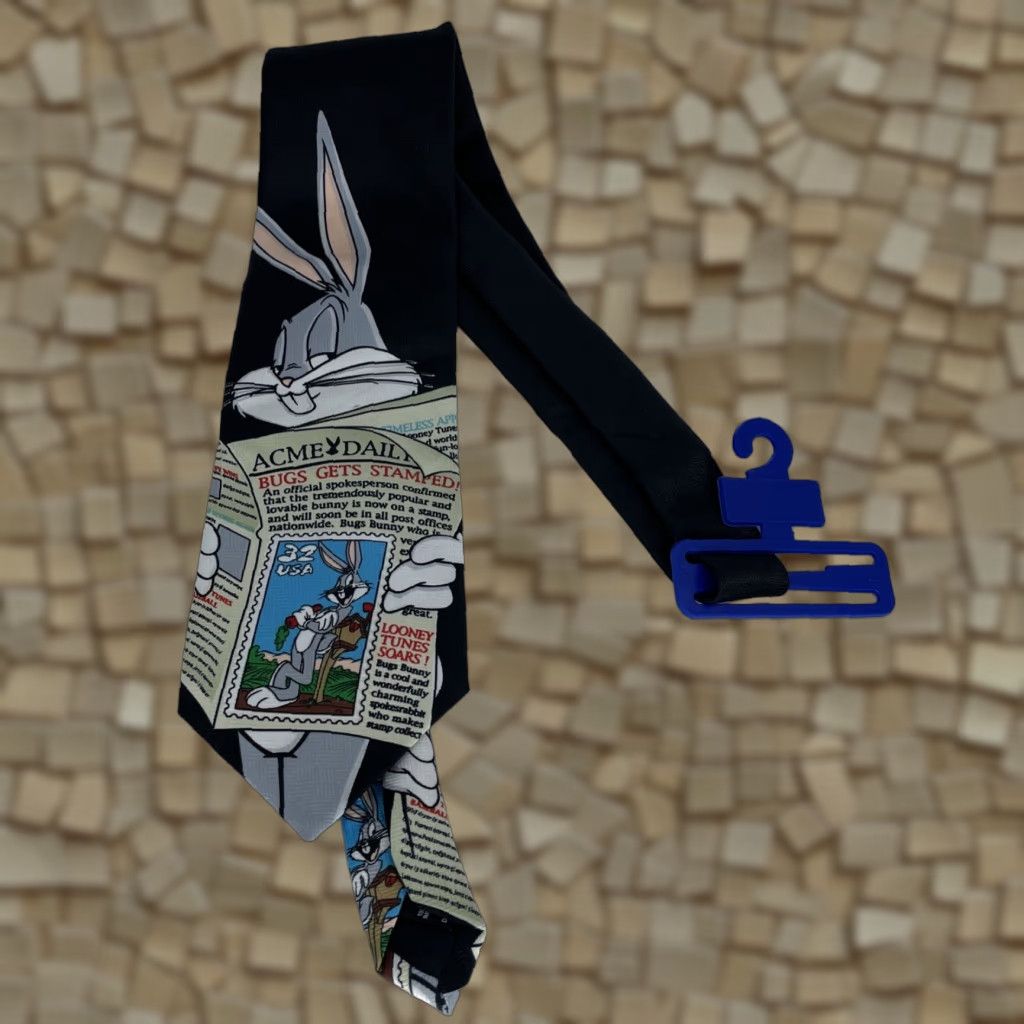 Vintage VINTAGE Looney Tunes Stamp Collection Bugs Bunny Newspaper Necktie Tie 1997 Mens Adult One Size Black Polyester Woven Logo Adjustable Classic 57"-60" Size ONE SIZE - 1 Thumbnail
