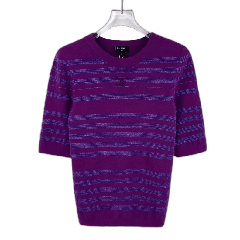 Chanel Purple Striped Knit Cashmere Short Sleeve Sweater Size S / US 4 / IT 40 - 1 Thumbnail