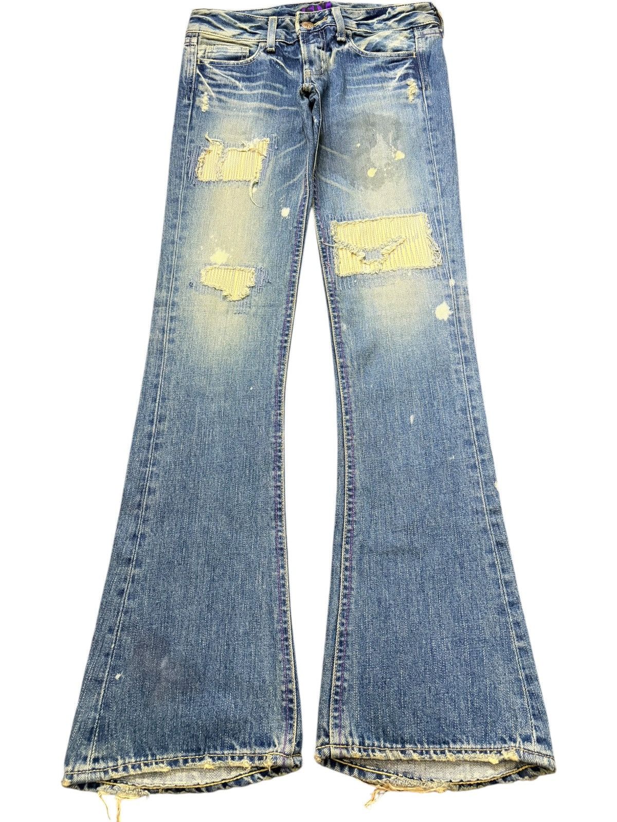 SLY Vintage Japanese Sly Sashiko Distress Low Rise Flare Jeans Size 28" / US 6 / IT 42 - 1 Thumbnail